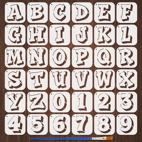 FINGERINSPIRE 36 Graffiti Doodle Schablonen Für Buchstaben Und Zahlen Mit 1 Kunststoffbürsten 10x10cm Graffiti Buchstaben Schablone Dekorative Zahlen Schablone Dekorative Vorlage Zum Malen Auf Wand