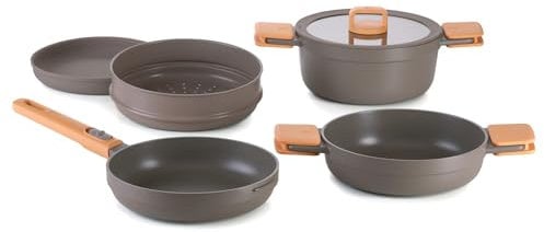 BRA Juego de 5 sartenes apilables antiadherentes para inducción con sartén de 24 cm, ollas altas y poco profundas, vaporera y tapa de vidrio templado. Juego de sartenes Compac Pro de aluminio fundido.