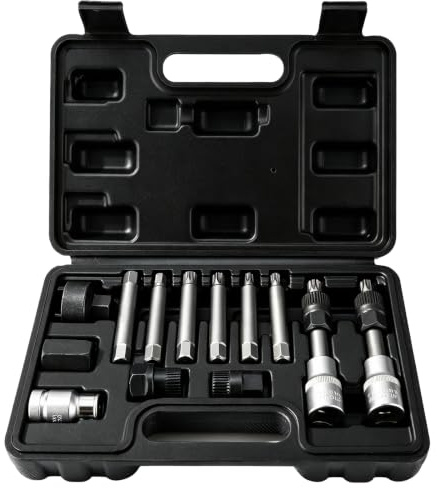 FreeTec 13tlg Lichtmaschine Freilauf Werkzeug Satz, 1/2 Antrieb Lichtmaschinen Werkzeug, Universal Generatorfreilauf Werkzeugsatz Freilauf Steckschlüssel mit 33 Zähne für VW Ford Audi Fiat (Schwarz)