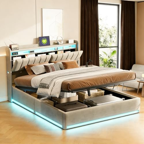 Bett Mit Stauraum 140 x 200 cm,Kopfteil Stauraum,Hydraulisch Gepolstertes Doppelbett,Boxspringbett Mit Lattenrost, 140 x 200 cm Bettgestell