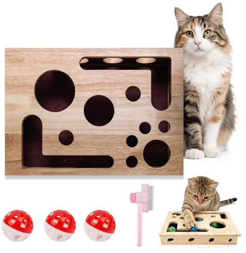 Kratz-Puzzle-Aktivbox für Katzen, Cat Scratch Puzzle Enrichment Box, Cat Nail File Scratcher Box with 3 Track Balls, Puzzle Felt Maze Box Cat Toys for Indoor Cats Self Play (Holz)