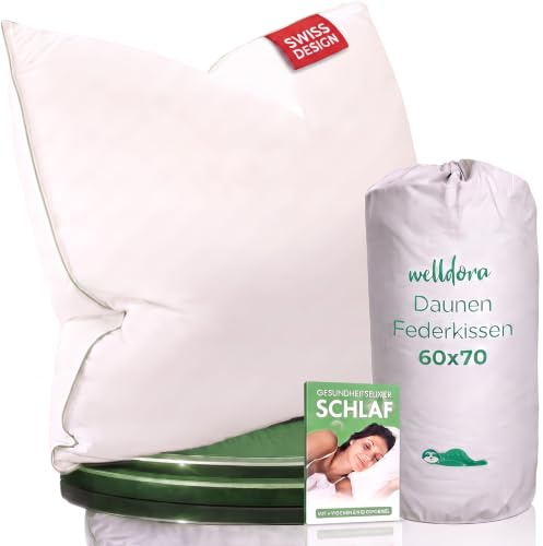 Welldora Kopfkissen 60x70, Premium 3-Kammer, Daunen & Federn, komfortweich | Daunenkissen mit luxuriösem Hotelgefühl für Rücken-/Seitenschläfer | Oeko-Tex geprüft | Markenspezialist aus der Schweiz