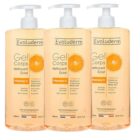 EVOLUDERM – Gel Corps Nettoyant Éclat Vitamine C – 1000 ml – 97% d’Origine Naturelle – Végan – Fabrication Française - Lot de 3 x 1000ml