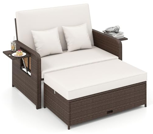 GIANTEX Lounge Möbel Outdoor, Rattan Gartenlounge Set mit Hocker, Gartensofa mit Liegefunktion, Balkon Lounge Set, Doppelliege Outdoor Sofa, Sonneninsel Loungebett (Gemischtes Braun + Weiß)