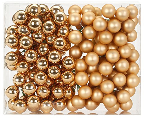 144 Spiegelbeeren Kugeln am Draht 2,5cm Weihnachtskugeln Baumkugeln Baumschmuck Weihnachtsdeko Kugeln Glaskugeln Set Christbaumschmuck 25mm - Brokat Gold Glanz matt