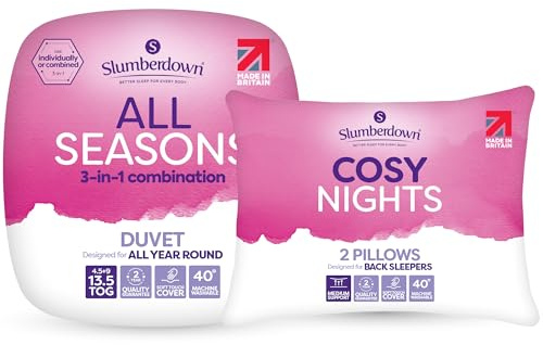 Slumberdown 3-in-1 All Seasons 13.5 Tog Single Duvet & 2 Pillows - 4.5 + 9 Tog Combi Single Quilt for All-Year Round Comfort | UK-Made, Soft Touch, Non-Allergenic, Washable (135 x 200cm)