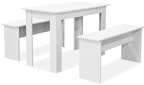 vidaXL Essgruppe 3-TLG. Holzwerkstoff Weiß Tisch Bänke Sitzgruppe Esstisch Esszimmertisch Tischset Esszimmermöbel Esszimmerbank Küchenbank