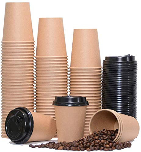 100 x 12oz Bamboo Paper Coffee Cups [100 Pieces Paper Cups + Free 100 Lids] Reusable Bio Paper, Single Wall Kraft Brown Eco Unbleached Cups - Party Wedding Birthday Supplies 4oz 6oz 12oz 10oz