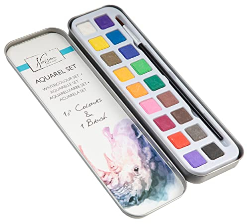 VAN NASSAU FINE ART Set Aquarelle Enfants 18 Couleurs Assorties & Pinceau en Boîte Portable - Palette de Peinture Aquarelle pour Débutants & Artistes - Acrylique dessin kit - Adulte