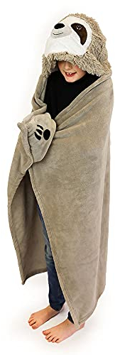 NOXXIEZ Kinder Decke mit Kapuze - kuschelig weiche Fleecedecke im Kuscheltier-Look für Jungs, Mädchen, Sommer, Winter, Camping und als Kuscheldecke (Sloth)