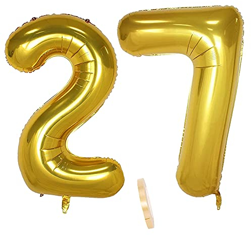 Folienballon Zahl Deko Gold 27 für Frauen Männer, XXL 100cm Riesen Nummer Aufblasbar Helium Ballon Figuren Zahlen Luftballons für 27. Jahre Mann Frau Geburtstag Hochzeit Jubiläum Party Dekoration