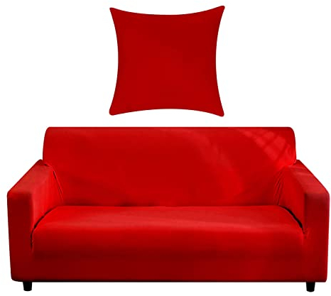 NAKIHOUSE Sofa Überwürfe Sofabezug mit einem Kissenbezug, Stretch elastische Sofahusse Sofa Abdeckung in Rot Farbe für 1/2/3/4 Sitzer(L-förmiges Ecksofa erfordert Zwei)
