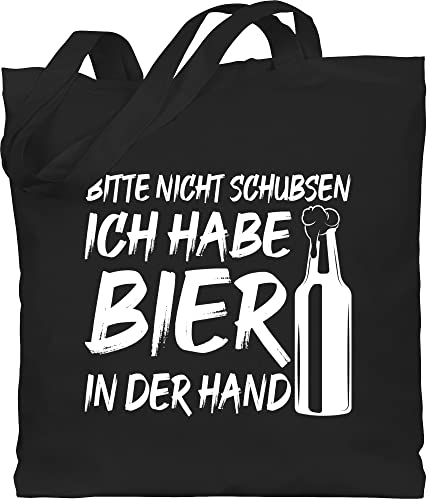 Baumwolltasche - Party & Alkohol Damen - Bitte nicht schubsen ich habe Bier in der Hand - Unisize - Schwarz - tasche sauf säufer beutel alki alkoholiker jutebeutel saufen trinksprüche tragetasche