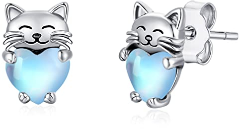 Katzen Ohrringe 925 Silber Katze Ohrstecker Mondstein Mädchen Stecker Katze Geschenke Schmuck für Kinder Damen
