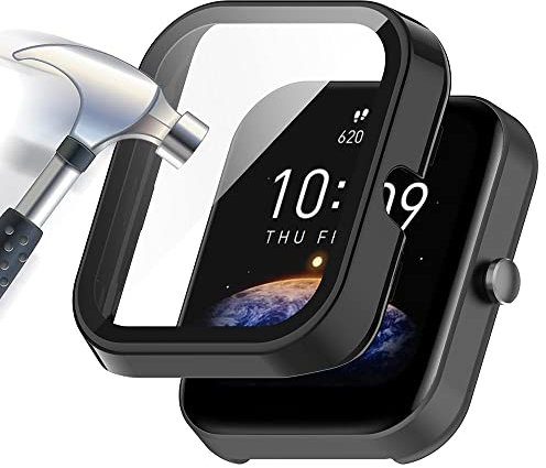 Acadeny Custodia rigida compatibile con Amazfit Bip 3/Bip 3 pro con pellicola protettiva,9H Durezza Hart PC Case sottile in vetro temperato per Smart, Nero