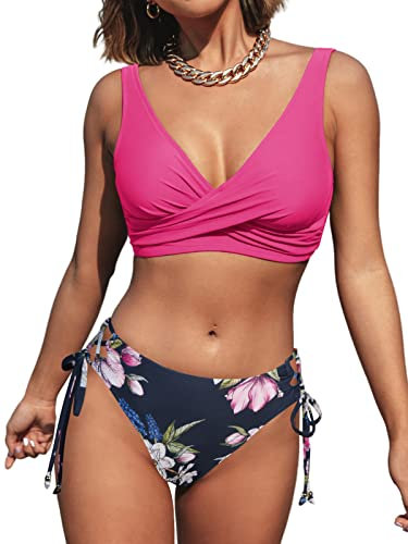CUPSHE Damen Bikini Set Crossover Lace Up Tank Bikini Bademode Wickel V Ausschnitt Low Waist Blumen Zweiteiliger Badeanzug Swimsuit Magenta XL