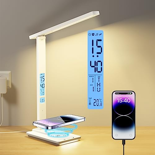 YAMYONE Lampe de Bureau LED avec Chargeur sans Fil & Port USB, 5 Couleurs Luminosité Variable Touch Control, Lampe Chevet 2 Veilleuses, Large Écran LCD Horloge Température, Lampe pour Bureau Étude