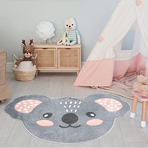 Teppich Kinderzimmer Tier-Motiv - Grau - 100x130 cm Formteppich - Kinderteppich Kurzflor Koala - Weicher Flor