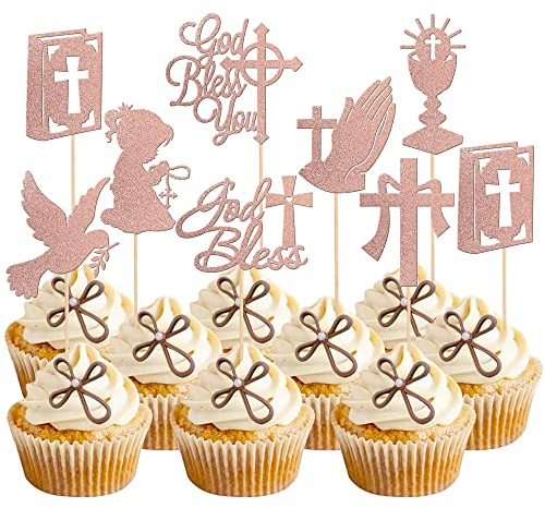 Rsstarxi Cupcake-Aufsätze mit Aufschrift God Bless and Cross, religiöses Kreuz, Segen, Cupcake-Picks für Kirche, Mädchen, Taufe, Erstkommunion, Babyparty, Geburtstag, Party, Kuchendekorationen,