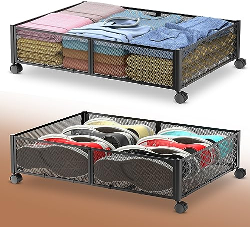 Innotic 2 Piezas Caja de Almacenaje Plegable Multiusos con Ruedas, Metal, Duradero Caja Debajo Cama para Zapatos, Ropa, Juguetes, Libros