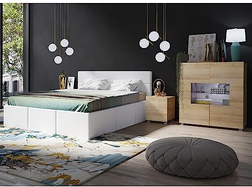 Lomadox Schlafzimmer Set 4-teilig mit Bett 160x200cm, 2 Nachttische, Highboard in Eiche Nb. mit weißem Kunstleder Modern