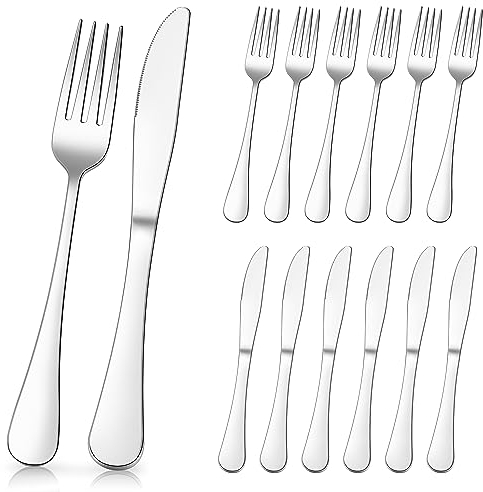 Herogo Juego de 12 cubiertos para carne de acero inoxidable, 6 cuchillos de mesa y 6 tenedores, plateados, para 6 personas, cuchillos y tenedores pulidos de alto brillo para casa/restaurante, apto