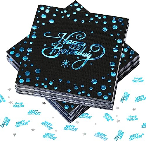 40 Stück Servietten Happy Birthday, Servietten Geburtstag Schwarz Blau, Schwarz Folierte Geburtstagsservietten, Schwarz Blau Deko Geburtstag, 33x33cm für Junge Mädchen Geburtstag Party Deko