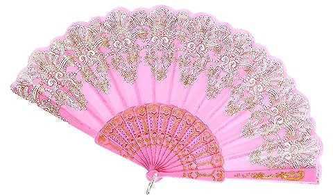 Folding Fan Handheld Silk Fabric With Lotus Pendant, Spanish Style Hand Fans for Wall Decoration, Wedding Birthday Gifts (Pink)