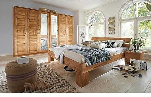 Lomadox Schlafzimmer komplett Set 6-türiger Massivholz Kleiderschrank Schrank mit Spiegel und mit 180x200 cm Bett Set in Wildeiche massiv