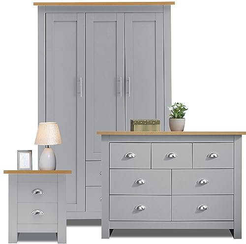 Wardrobe and Chest of Drawers Bedroom Furniture Set 3 Piece Bedroom Set with 3 Door Wardrobe & 4+3 Drawer Chest of Drawer + 2 Drawer Bedside Table Cabinet for Bedroom Storage Furniture Set Grey & Oak