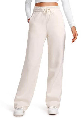 CRZ YOGA Damen Jogginghose Gefütterte Baumwolle Joggers Soft Freizeithose Winter Lounge Hosen mit Taschen - 76cm Weiße Aprikose 38