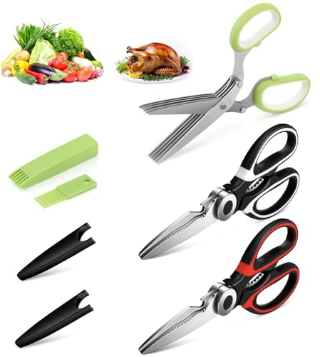 Herb Scissors Set, Kitchen Scissors with 5 Blades and Cover, Multipurpose Kitchen Herb Shears with Safety Cover and Cleaning (2 Pairs for Poultry + 1 Pair for Herb)