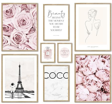 ARTFAVES® Ensemble d'affiches decoration murale - COCO ROSE - 8 poster moderne - Salon et chambre Rose, mode, rose, glamour, fleurs, Paris - avec cadres en chêne