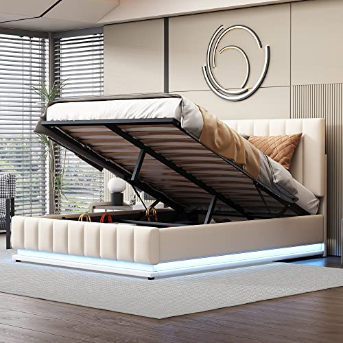 FEZTOY Polsterbett 140x200 cm mit LED Hydraulisch Bettstauraum,Bettgestell mit Bettkasten & Lattenrost Bezug aus Kunstleder Doppelbett Erwachsenen Jugendbett ohne Matratze (Weiß A 140X200)