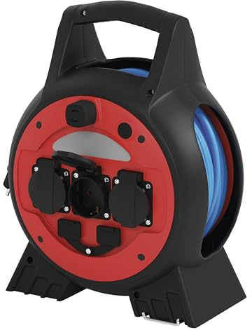 EMOS ganzjährige Outdoor-Kabeltrommel mit LED-Licht und 2x USB-Ausgang, blaues 1,5 mm2 Verlängerungskabel 20m, 3 Schuko Steckdosen mit Klappdeckeln, IP44 wasserdicht und frostbeständig für Außen