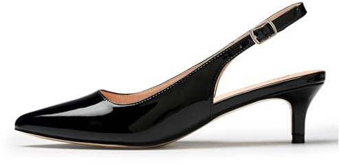 GENSHUO Black Women's Low Kitten Heel Slingback Ankle Strap Pump Pointed Toe Comfortable Formal Party Wedding Dress Shoes Patent Leather Size 7.5