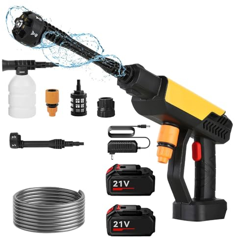 Akku Hochdruckreiniger, 21V 70Bar Mobiler Hochdruckreiniger mit 15000mAh*2 Batterie, 6-in-1-Düsen, 5m Schlauch, Tragbarer Hochdruckreiniger für Auto, Terrasse, Fenster, Rasen (15000mAh*2/B)