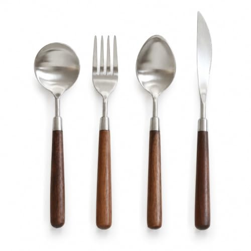 Elegant Natural Walnut Wood Flatware Set, 4 Piece Set, Premium 304 Stainless Steel Cutlery Set with Wooden Cutlery Design, Brushed Finish (4 Piece Set)