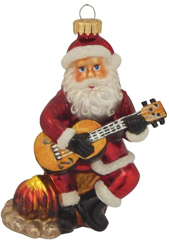 Krebs Glas Lauscha - Weihnachtsdekoration/Christbaumschmuck aus Glas - Gitarre spielender Weihnachtsmann - Farbe: Rot - Größe: ca. 11 cm