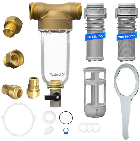 Waterdrop Spin Down Sediment Filter, Backwash Whole House Water Filter System for Well Water, 50 Micron+200 Micron, 1 MNPT + 3/4 FNPT + 3/4 MNPT, Traps Sand, BPA Free