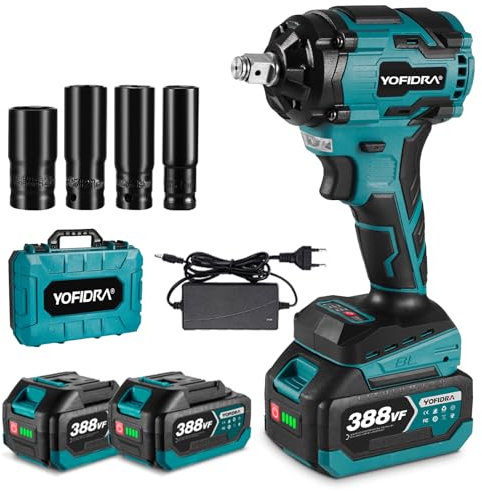 Yofidra Avvitatore a Impulsi 400/450N.m con 2 batterie, Avvitatore a Percussione Elettrico Brushless da 1/2 20V, 3 Velocità per Casa e Auto con 4 bussole (17/19/21/22 mm), luce di lavoro a LED
