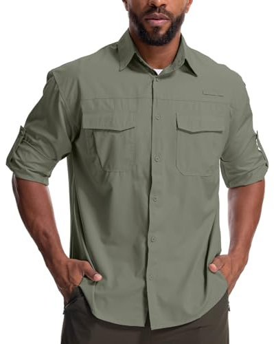 Yenwits Outdoor Hemd Herren Langarm Safari Hemd UV Schutz UPF 50+ Funktionshemd Atmungsaktiv Schnelltrocknend Freizeithemd für Wandern Angeln Trekkin（N5051，Grey Green，2XL）