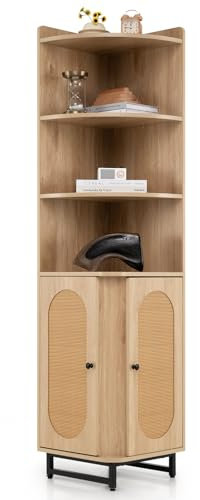 COSTWAY Storage Cabinet, PE Rattan Buffet Sideboard with 2 Doors, 4 Open Shelves, Anti-toppling Kits & Adjustable Foot Pads, Space-saving Corner Shelf Cabinet for Kitchen Living Room Office