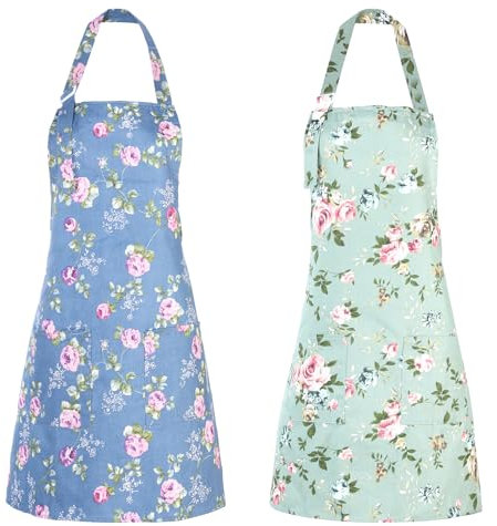 BOHUIZ 2 Stück Kochschürzen Damen, Blumenschürze Küchenschürze Damen, wasserdichte und verstellbare Kochschürze, Kittelschürze Damen für Küche, Garten, Grillen und Salon, Schürze Damen mit Tasche