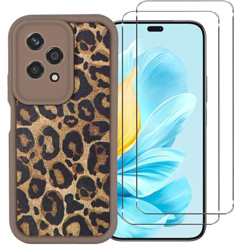 NOVAGO Compatible avec Honor 200 Lite 5G - Pack Complet- Coque Résistante Silicone avec Motif imprimé léopard+ 2 Films Protection vitre écran Verre trempé