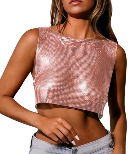 KBOPLEMQ Top da donna con brillantini, senza maniche, con paillette, metallizzate, con paillette, crop, top per carnevale, feste, per clubwear, O oro rosa, L