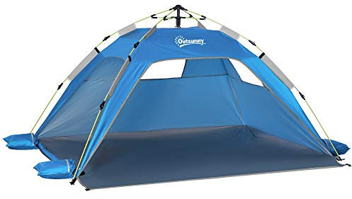 Outsunny Tenda da Spiaggia con Finestre Richiudibili e Porta a Cerniera, Tenda Istantanea in Poliestere e Fibra di Vetro, 220x173x120 cm, Blu Cielo e Grigio
