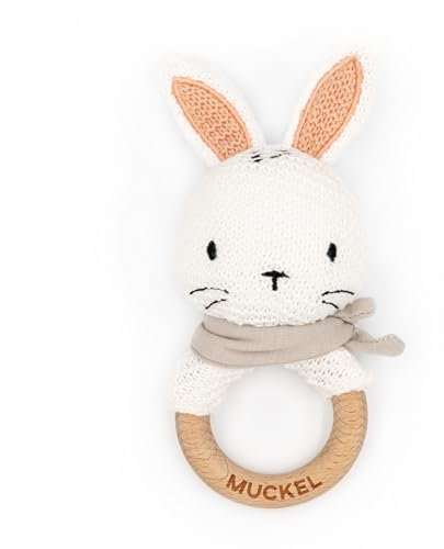 Muckelmeister Greifling personalisiert mit Namen - Holz Beißring Baby gehäkelte Tiere - Babyrassel - Babygeschenke zur Geburt für Mädchen/Jungen - kleine Geschenke für Neugeborene - Hase