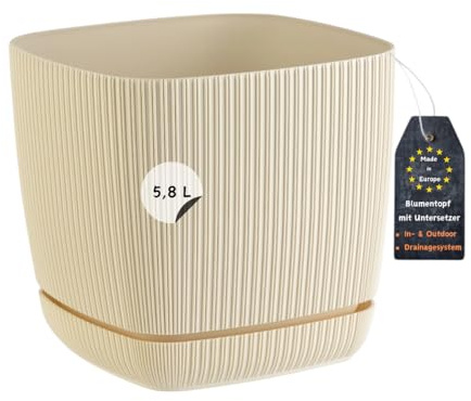 Engelland - 1 x Blumentopf mit Drainagesystem, Untersetzer, Farbe: Beige, Rillenoptik, Pflanz-Topf, Kübel, modern, Kunststoff, quadratisch, 21 x 21 cm, 5,8 Liter