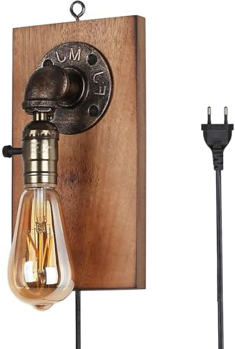 Alpinaluz Industrielle Wandleuchte, Vintage-Naturholz und Metallrohr, mit Kabel, Stecker und Schalter, E27-Sockel, Retro-Lampe für Wohnzimmer, Bar und Schlafzimmer